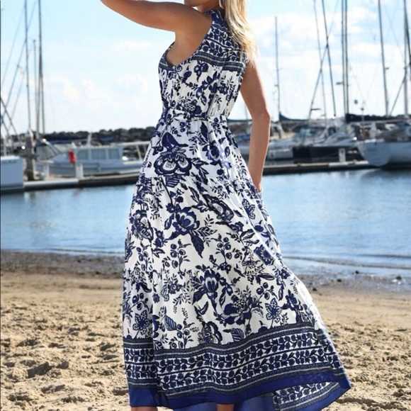 Boho Floral Print Belted Halter Maxi Dress - Picture 2 of 8